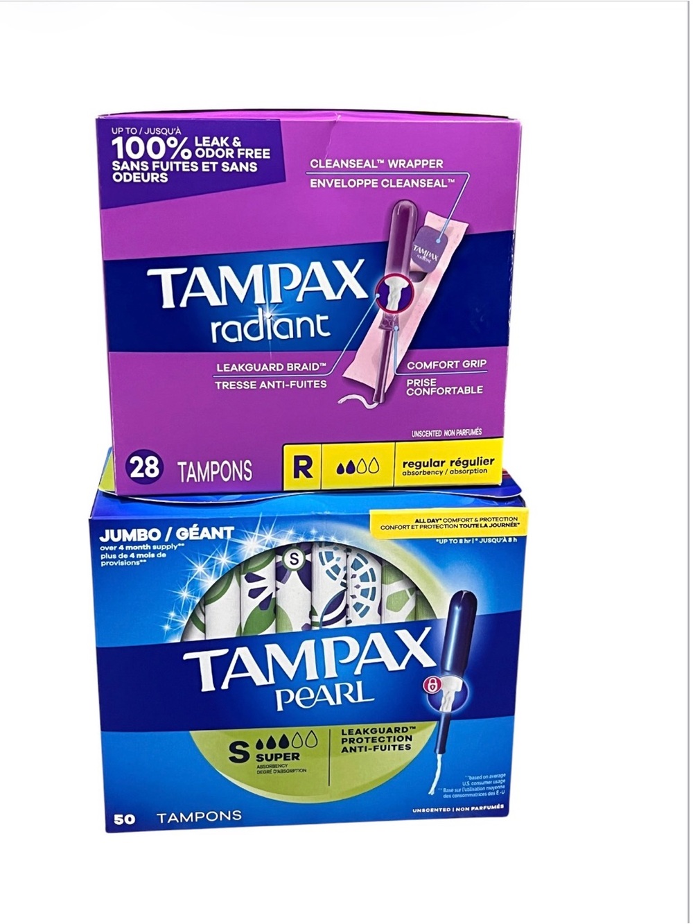 2X Tampax Radiant & Pearl Tampon Bundle — Purple and Blue 78 tampons